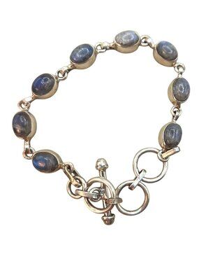 Handcrafted Sterling Silver Bracelet W/ Blue Gemstones Oval Links & Toggle Clasp